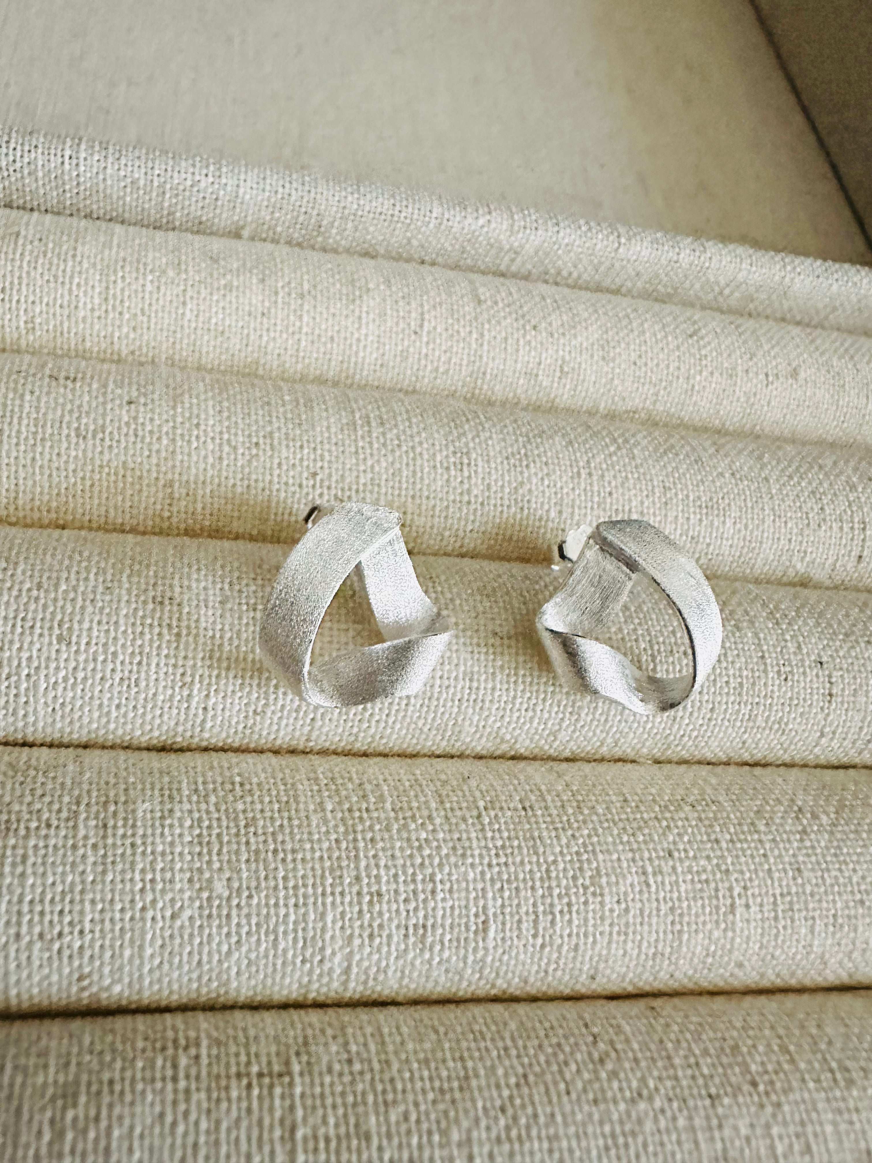 “Ribbon” Brushed Silver Stud Earrings