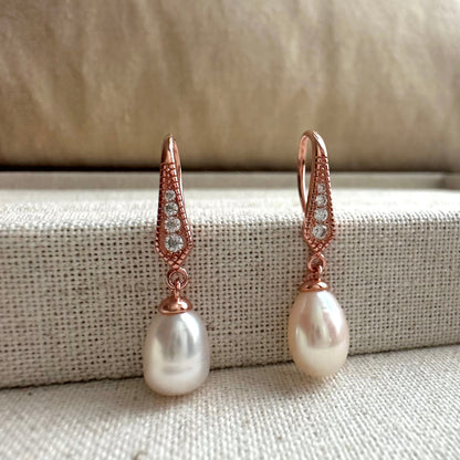 “Cassia” Pearl Drop Earrings (Rose Gold)