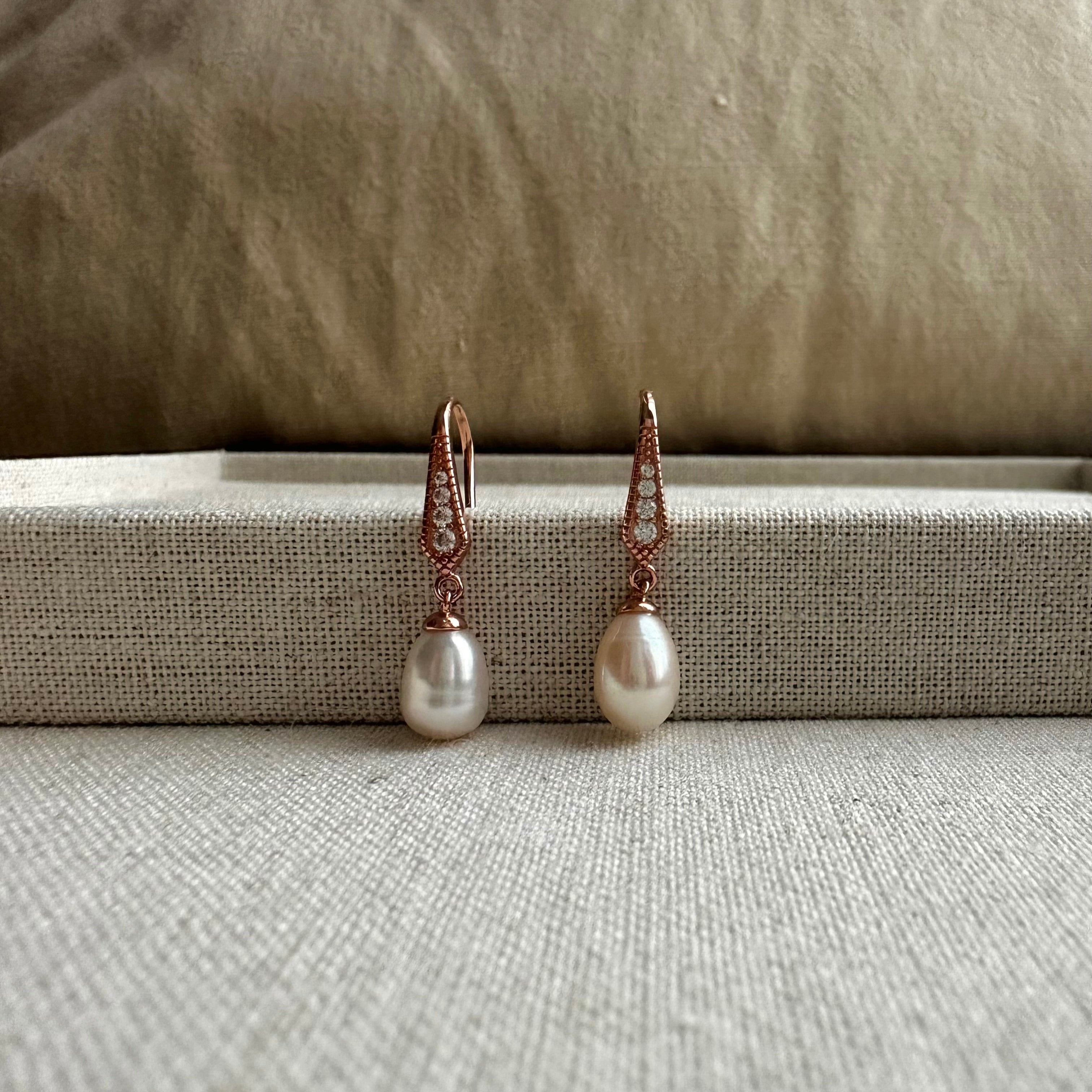“Cassia” Pearl Drop Earrings (Rose Gold)