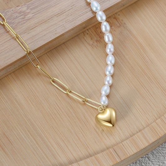 "Iris" Freshwater Pearl and Heart Charm Necklace